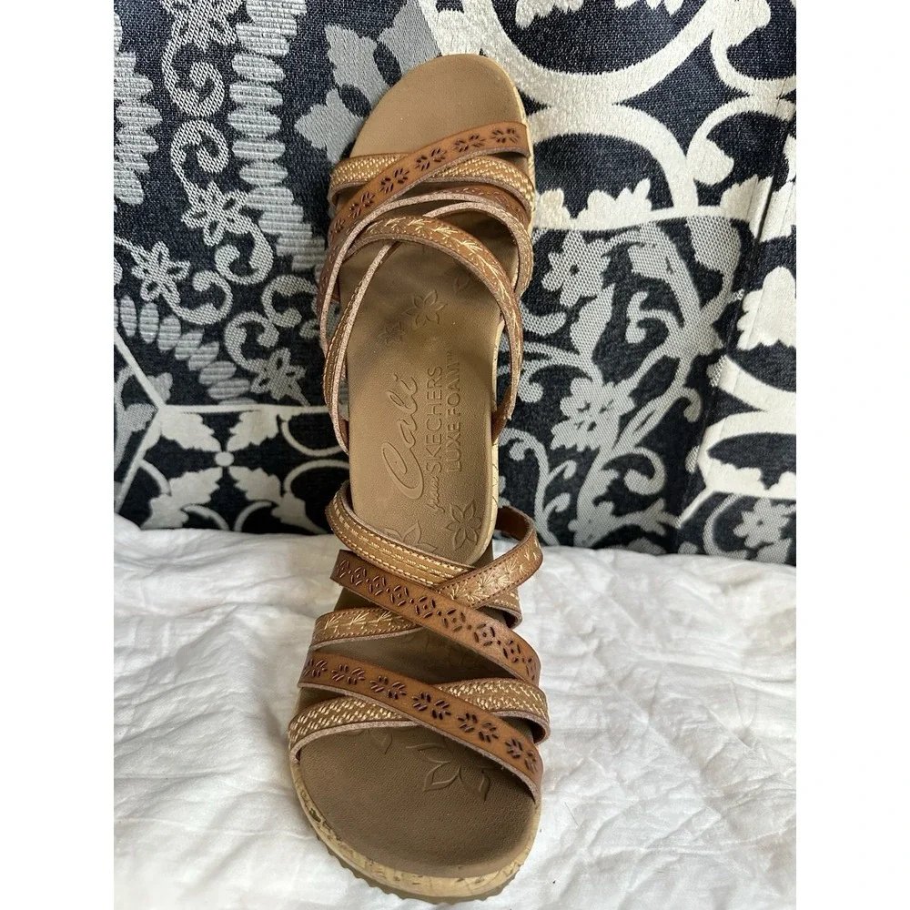 Skechers Women's Size 6.5 Beverlee Tiger Posse Wedge Sandals Brown Leather Shoes - Picture 2 of 7